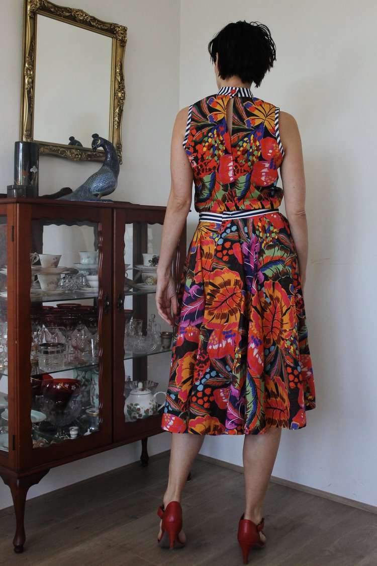 Floral patterned full-skirt dress in bold tropical colors. Christmas haul