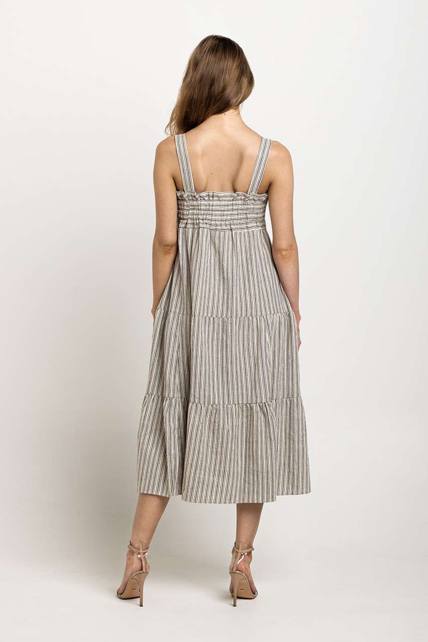 Light gray and white striped tiered dress with wide straps, designed with pockets and a timeless silhouette.