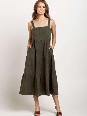 Deep olive tiered dress with a square neckline and pockets, emphasizing Colouron Cotton's slow fashion values.