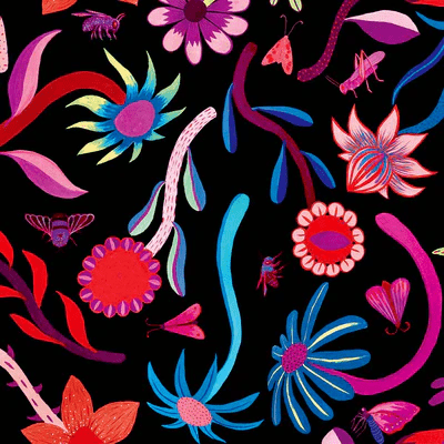 fabric pattern with large, bold floral designs in reds, blues, and oranges, styled with a flower crown and leaning casually against a weathered blue wall. Designed by Australian designer brand Streborclothing.