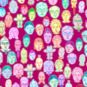 Woman in a bright red dress adorned with multi-colored abstract face patterns, standing confidently against a brick wall for a vibrant, artsy street-style vibe. Designed by Australian designer brand Streborclothing.