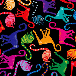 Brightly patterned dress featuring multi-colored abstract animal shapes, worn by a woman against a background that mirrors the vibrant theme, combining playful art with fashion. Designed by Australian designer brand Streborclothing.