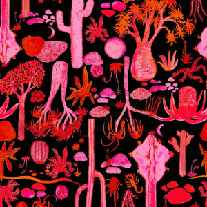 fabric pattern in black with a pink and orange desert-themed print, posed against a similarly themed background, emphasizing the bold, artistic nature of Strebor's style. Designed by Australian designer brand Streborclothing.