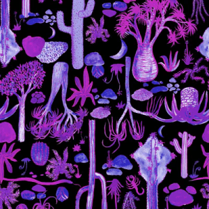 Fabric with a whimsical cactus and desert-themed print in pinks, purples, and blues, standing against a graphic backdrop with matching patterns. Designed by Australian designer brand Streborclothing.