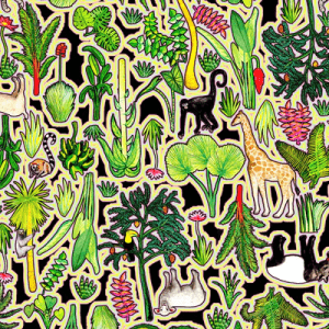 the fabric showcases a complex pattern with elements of flora, including leaves, flowers, and abstract natural shapes in shades of green, red, and yellow. The design appears dense and rich, resembling an intricate forest scene. Designed by Australian designer brand Streborclothing.