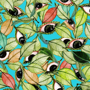 fabric pattern with a bold leaf and seed pattern in vibrant green, orange, and black on a light blue background, displayed against a pink backdrop to highlight its colorful appeal. Designed by Australian designer brand Streborclothing.
