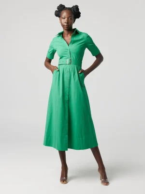 Green belted shirt dress: Minimalist and structured design with an adjustable waist belt for versatile wear.