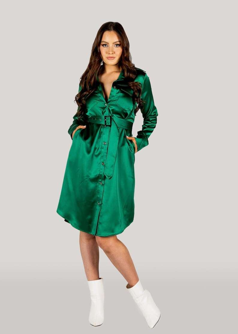 Emerald green satin belted dress: Sleek and luxurious design with a tailored waist for a sophisticated, Australian-made touch.