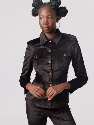 Black velvet belted jacket: Australian-designed, sleek and tailored for sustainable, long-lasting elegance.
