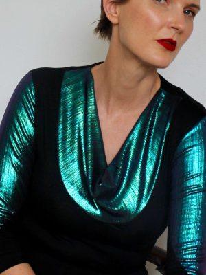 Cowl Neck Knit Top with Iridescent Blue Metallic