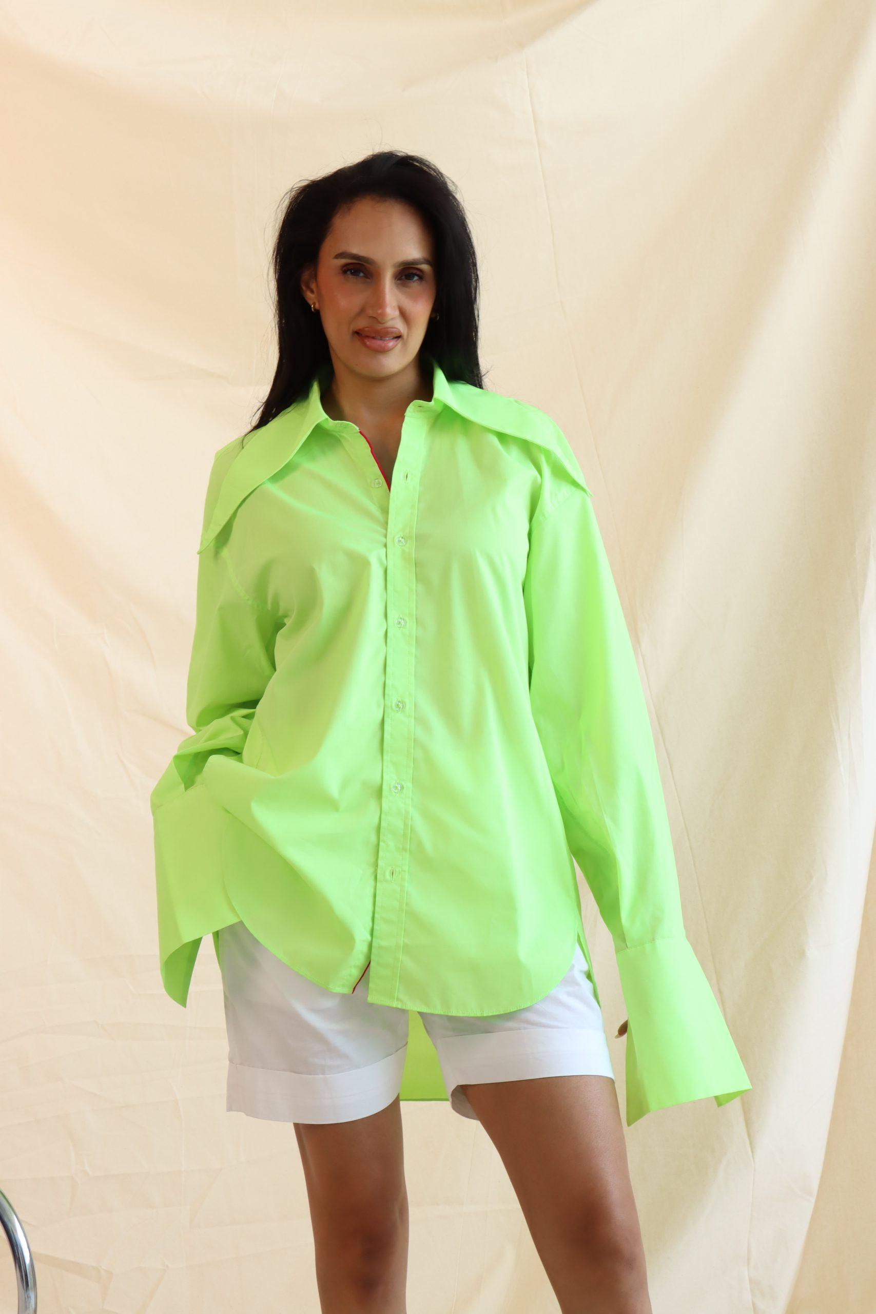 knot a label green cotton shirt with oversized collar and cuffs