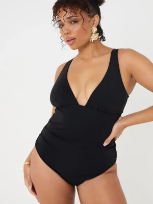 Plunging V-Neckline Smooth Black Swimsuit